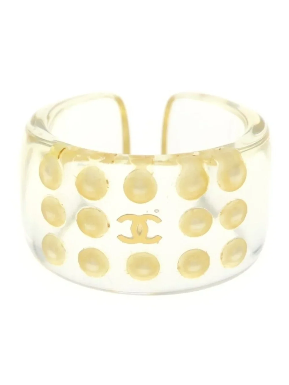 Chanel CC Logo Resin Ring Faux Pearl Plastic Gold